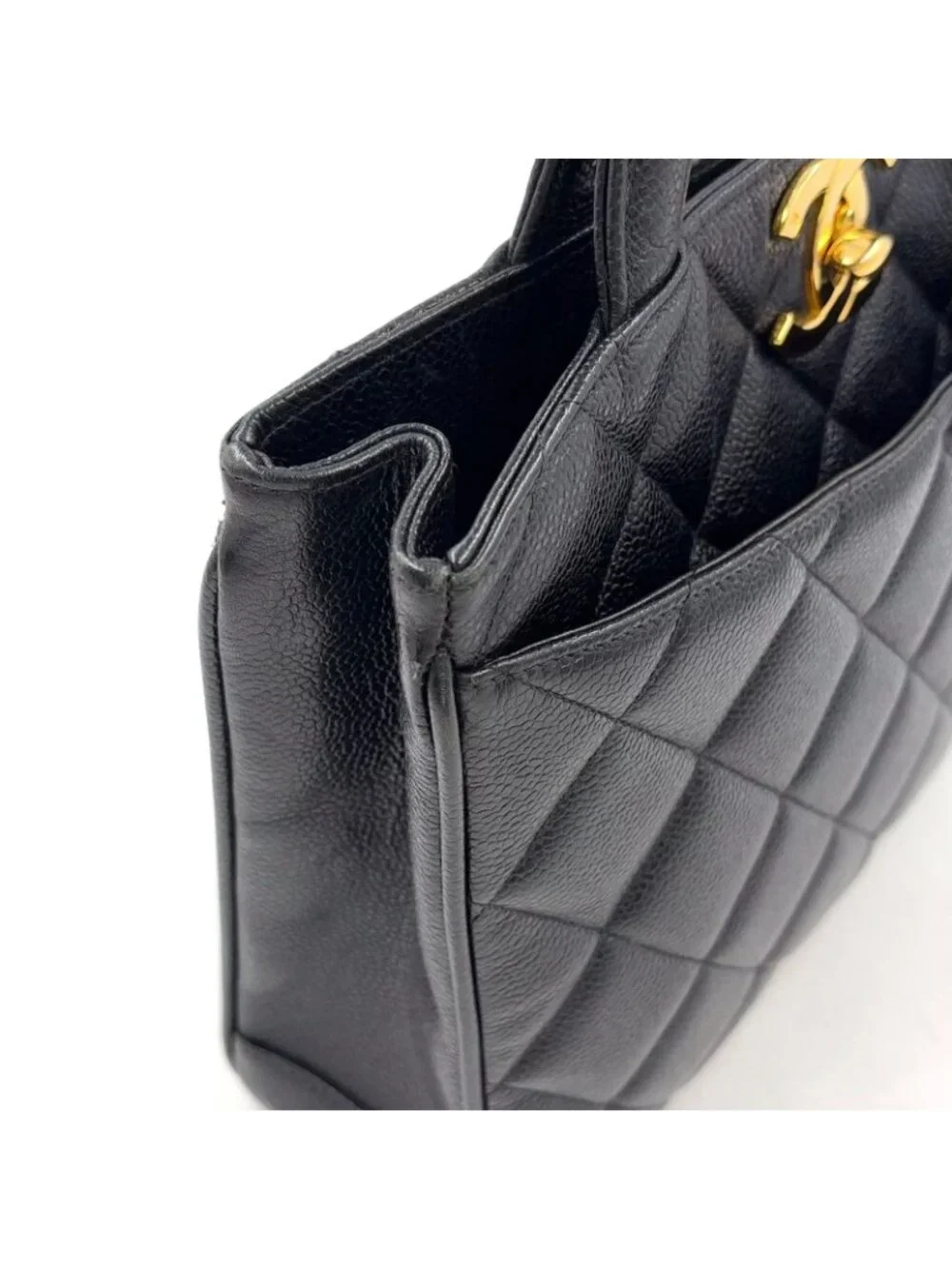 Chanel Quilted Turnlock Caviar Leather Black Tote Bag Gold